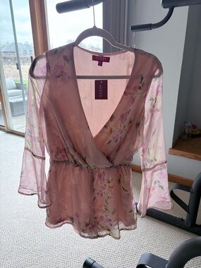 GUESS Pink Floral Sheer Surplice Romper